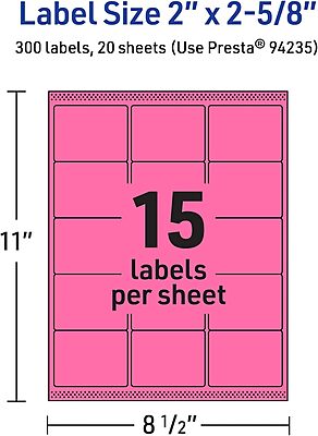 Avery Printable Rectangle Labels, Sure Feed Technology, 2 x 2-5/8, Bright Pink, Laser/Inkjet Printable