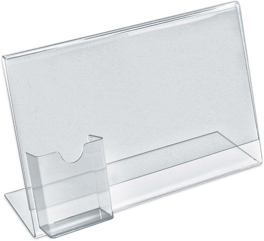 Azar Displays L-Shape Sign Holder with Attached Pockets, Clear Acrylic Countertop Display