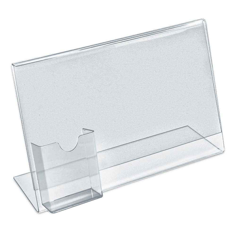 Azar Displays L-Shape Sign Holder with Attached Pockets, Clear Acrylic Countertop Display