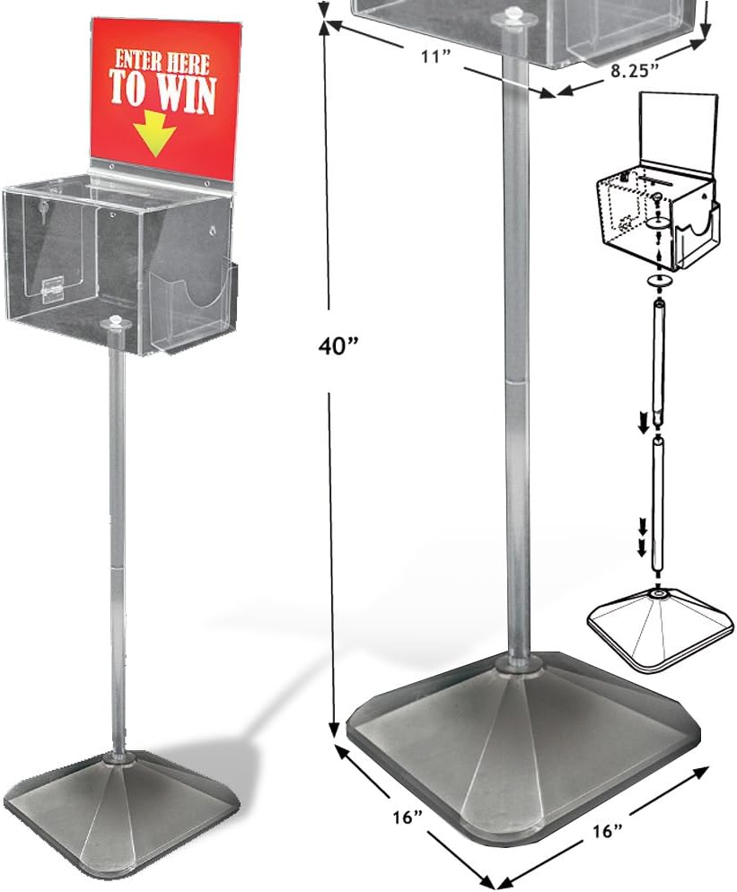 Azar Displays Extra-Large Pedestal Lottery Box With Pocket, 57-3/4in H x 16in W x 16in D, Clear