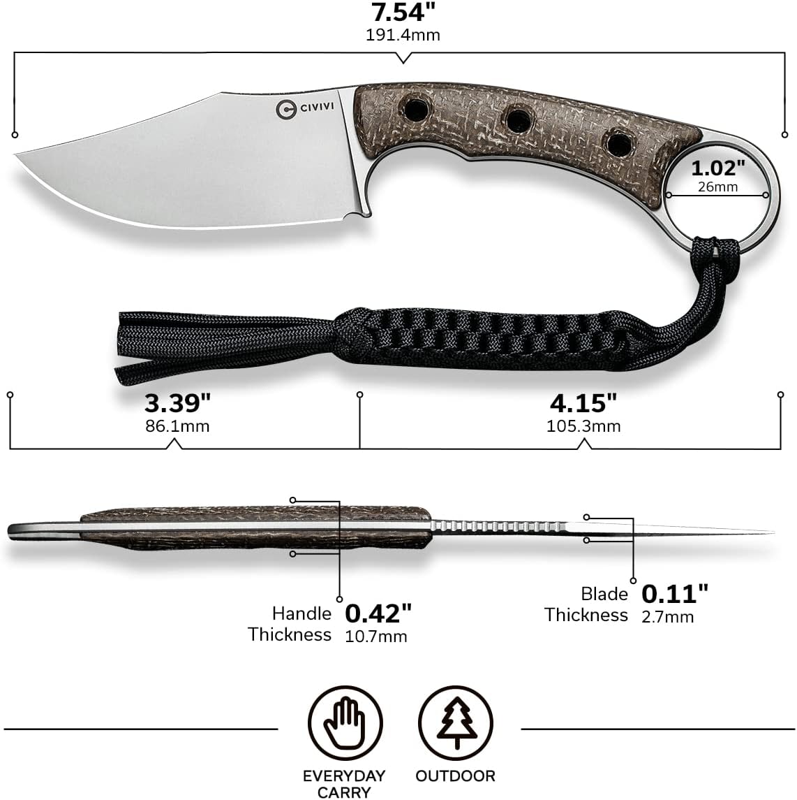 CIVIVI Midwatch Fixed Blade Knife, 3.39" Bohler N690 with Kydex Sheath