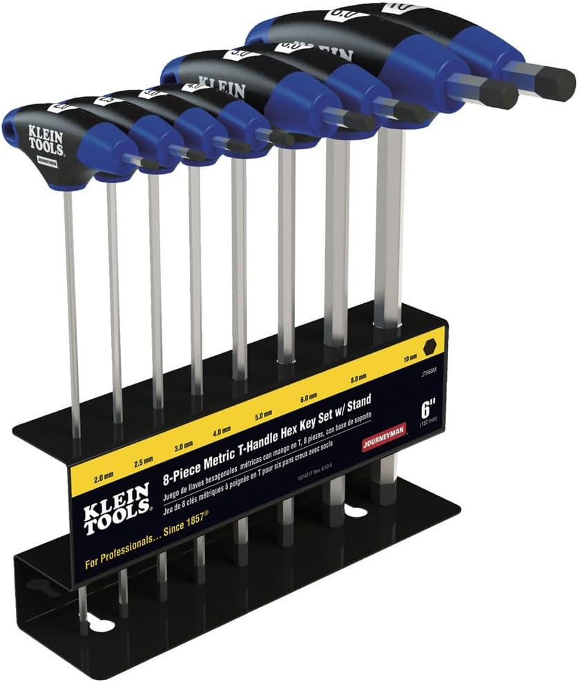 Klein Tools JTH98M T-Handle Hex Key Set, Metric Sizes Allen Wrench Set with 9-Inch Blades, Stand Included, 8-Piece