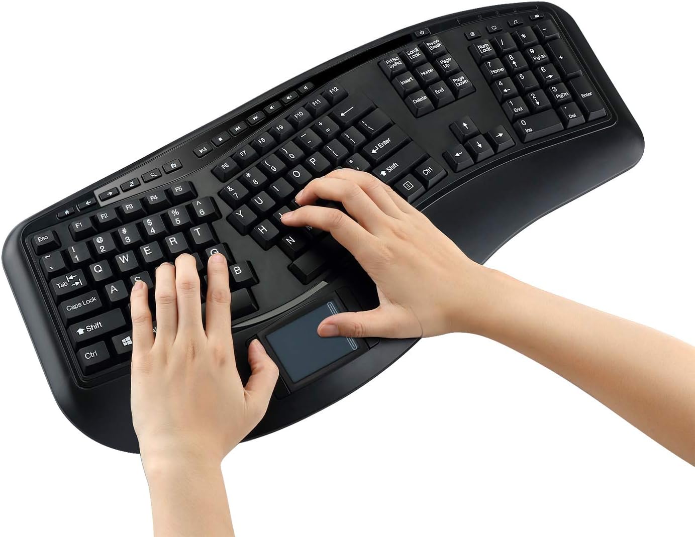WKB-4500UB - Wireless Ergonomic Desktop Touchpad Keyboard, Split Keys Design, Palm Rest, Media Control Hotkeys