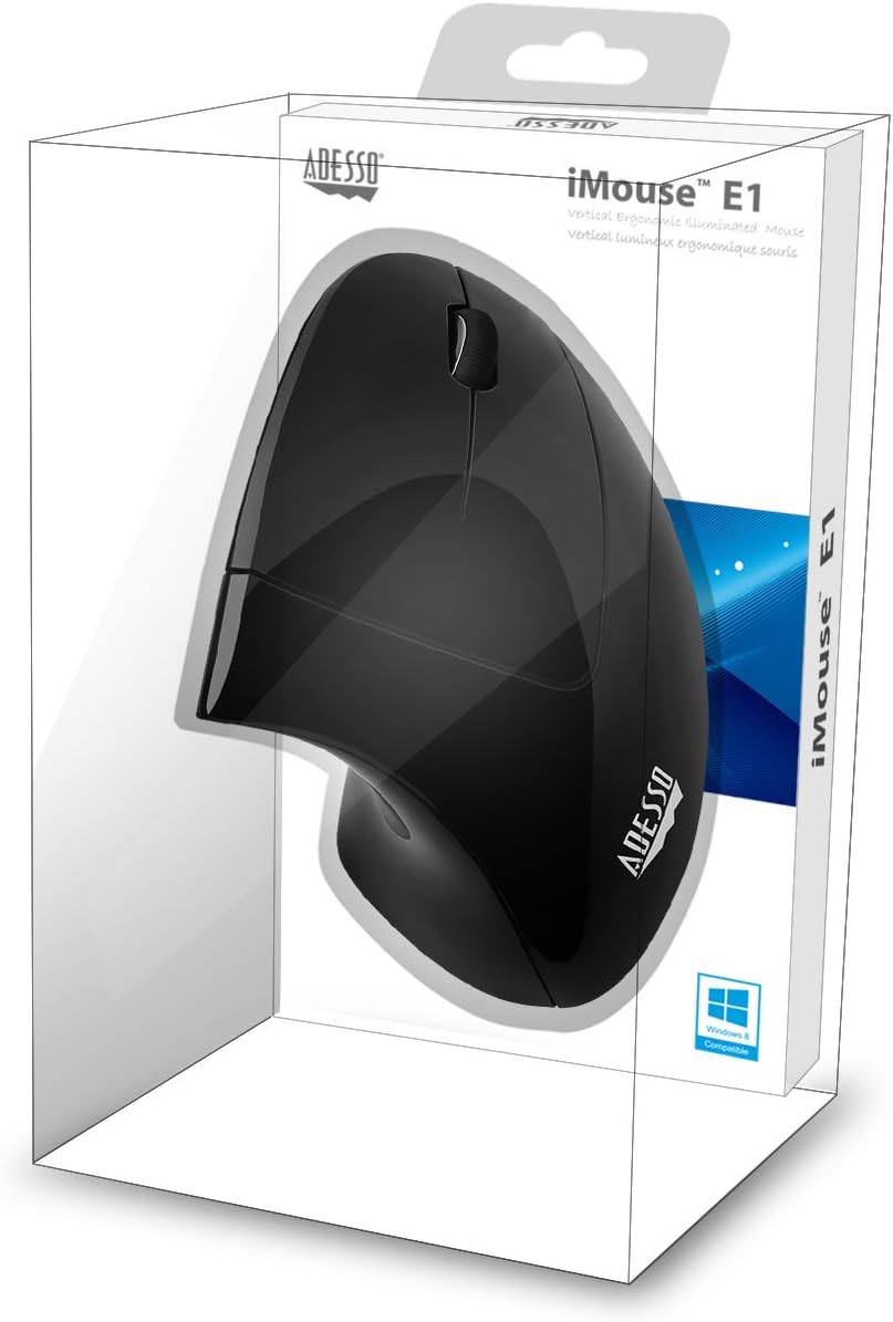 Adesso iMouse E1 Wired Vertical Ergonomic Illuminated Optical 6-Button USB Mouse - Glossy Black, Right-Handed
