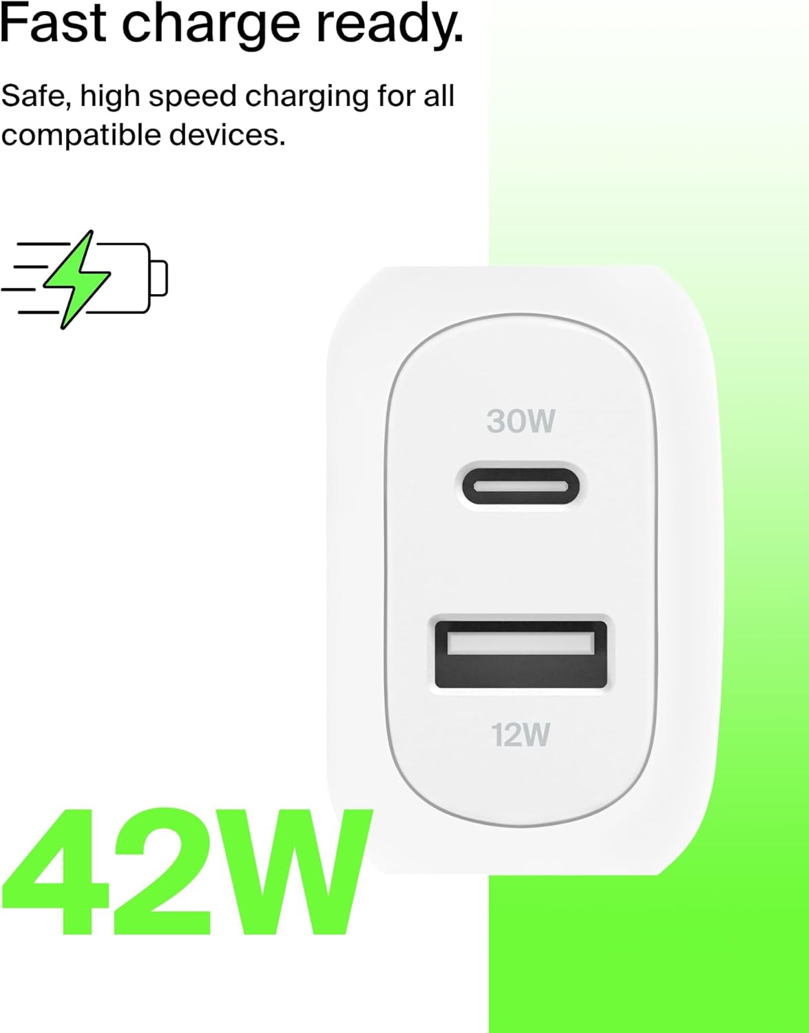 Belkin Dual Port Charger Block 42W, USB-C + USB-A Charger - Super Fast Charging - Samsung Galaxy S25, Apple iPhone 16, 15