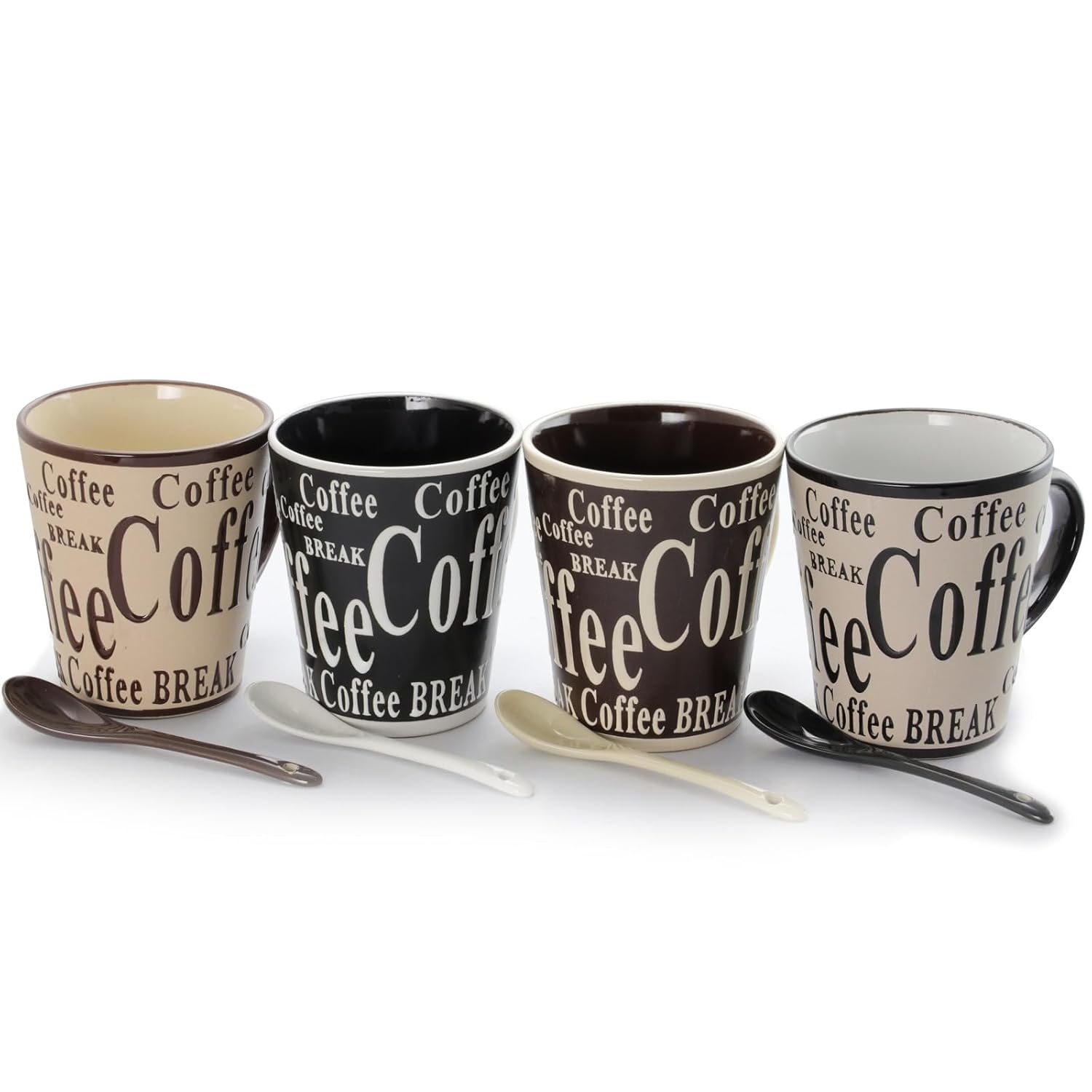 Mr. Coffee Mug And Spoon Set, Bareggio, 12 Oz., Taupe/Black, Set Of 4 Mugs With Matching Spoons