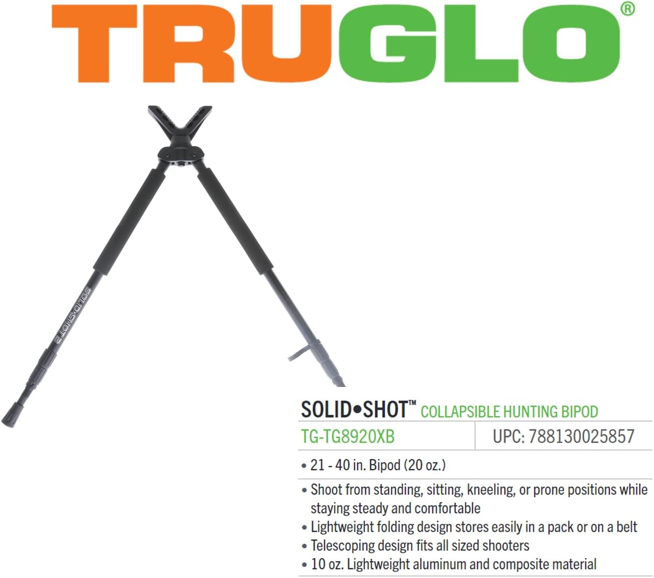 TruGlo Solid Shot Versatile Durable Adjustable Collapsible Rifle Shooting & Crossbow Hunting Bipod withRotating Head Design