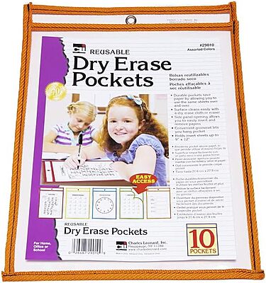 Charles Leonard Dry Erase Pockets, 9" x 12", Assorted Colors, Set of 30 (29030)