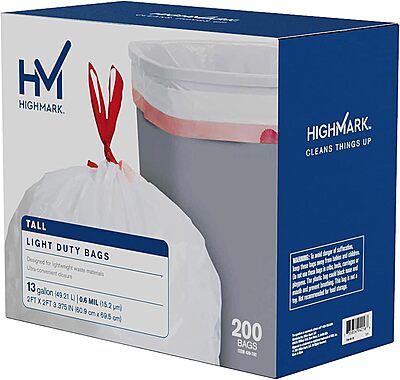 Highmark Tall 0.6 mil Drawstring Kitchen Trash Bags, 13 Gallon, 27.375in x 24in, White, Box Of 200