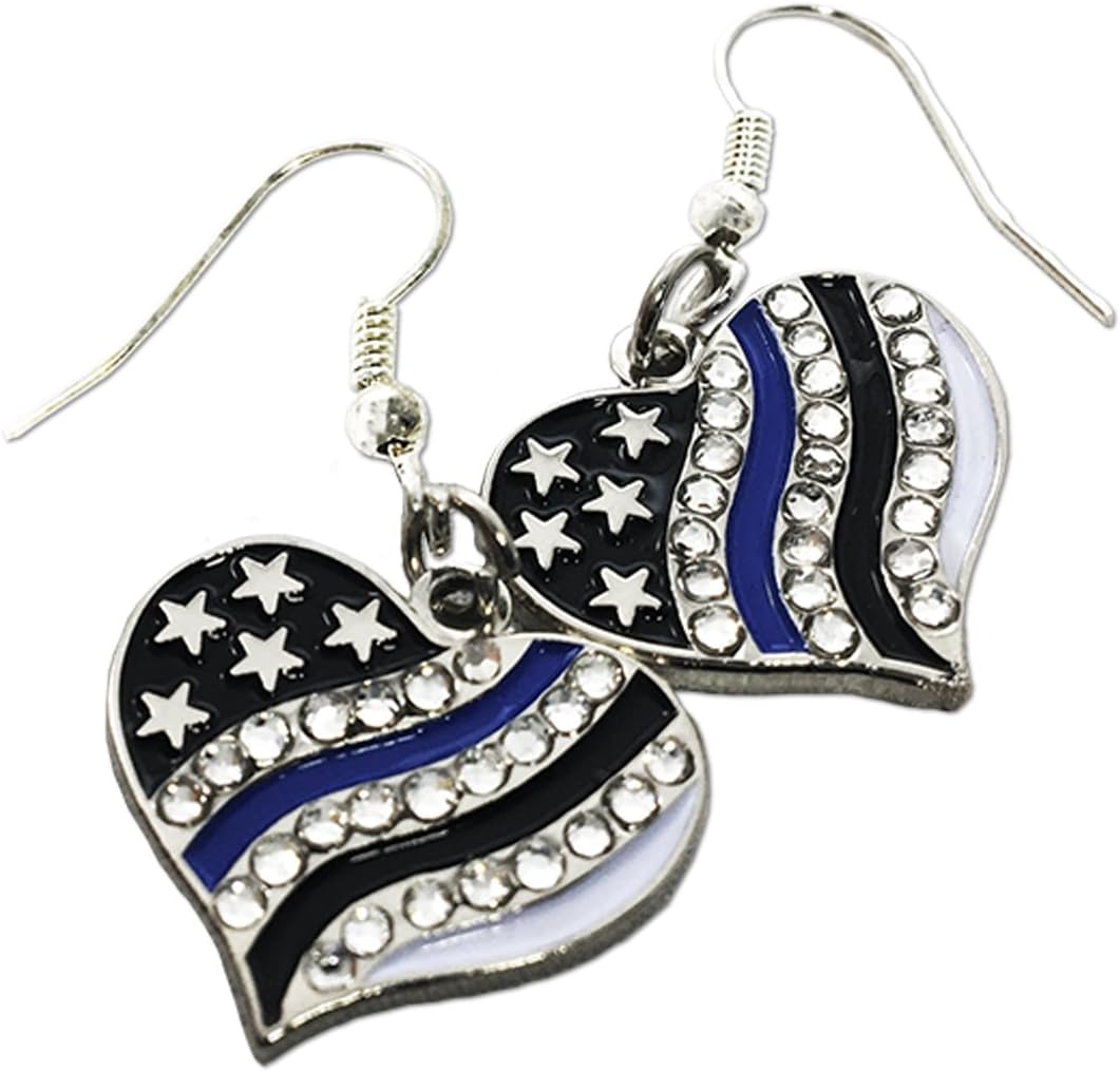 Thin Blue Line Earrings Thin Blue Line Heart, Rhinestone