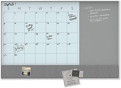 U Brands 3N1 Magnetic Glass Dry-Erase Monthly Calendar Board, White/Gray Surface, White Aluminum Frame