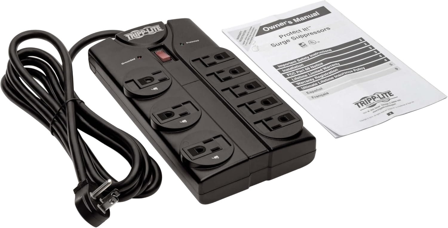 Tripp Lite TLP808B 8 Outlet Surge Protector Power Strip, 8ft Cord Right Angle Plug, Black, Lifetime Insurance