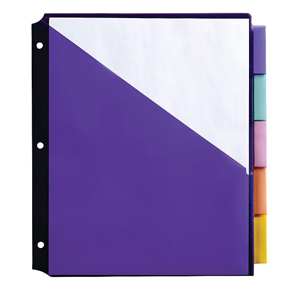 Office Depot® Brand Double Pocket Insertable Plastic Divider, 5-Tab, 9 1/2" x 11 1/4", Assorted Colors