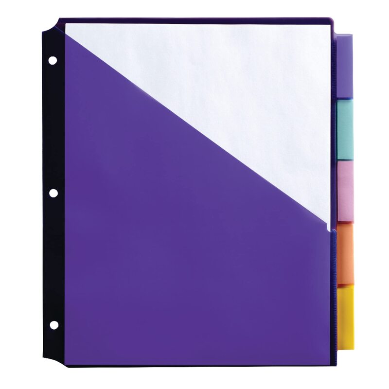 Office Depot® Brand Double Pocket Insertable Plastic Divider, 5-Tab, 9 1/2" x 11 1/4", Assorted Colors