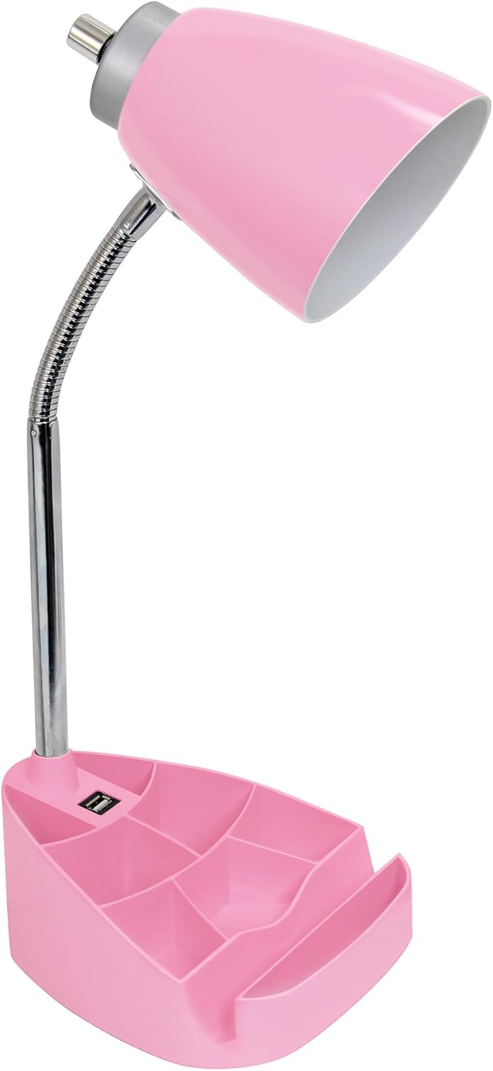 Simple Designs LD1056-PNK Gooseneck Organizer Desk Lamp with Tablet Stand, USB Port, Adjustable Height, Pink