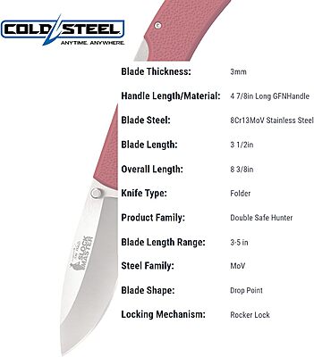 Cold Steel Double Safe Hunter Slock Master 3.5" 8Cr13MoV Drop Point Blade 4.875" GFN Handle Hunting Folding Knife withRocker