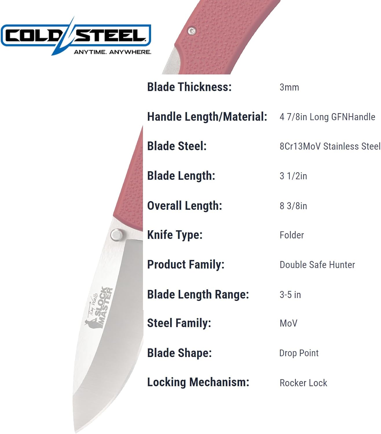 Cold Steel Double Safe Hunter Slock Master 3.5" 8Cr13MoV Drop Point Blade 4.875" GFN Handle Hunting Folding Knife withRocker
