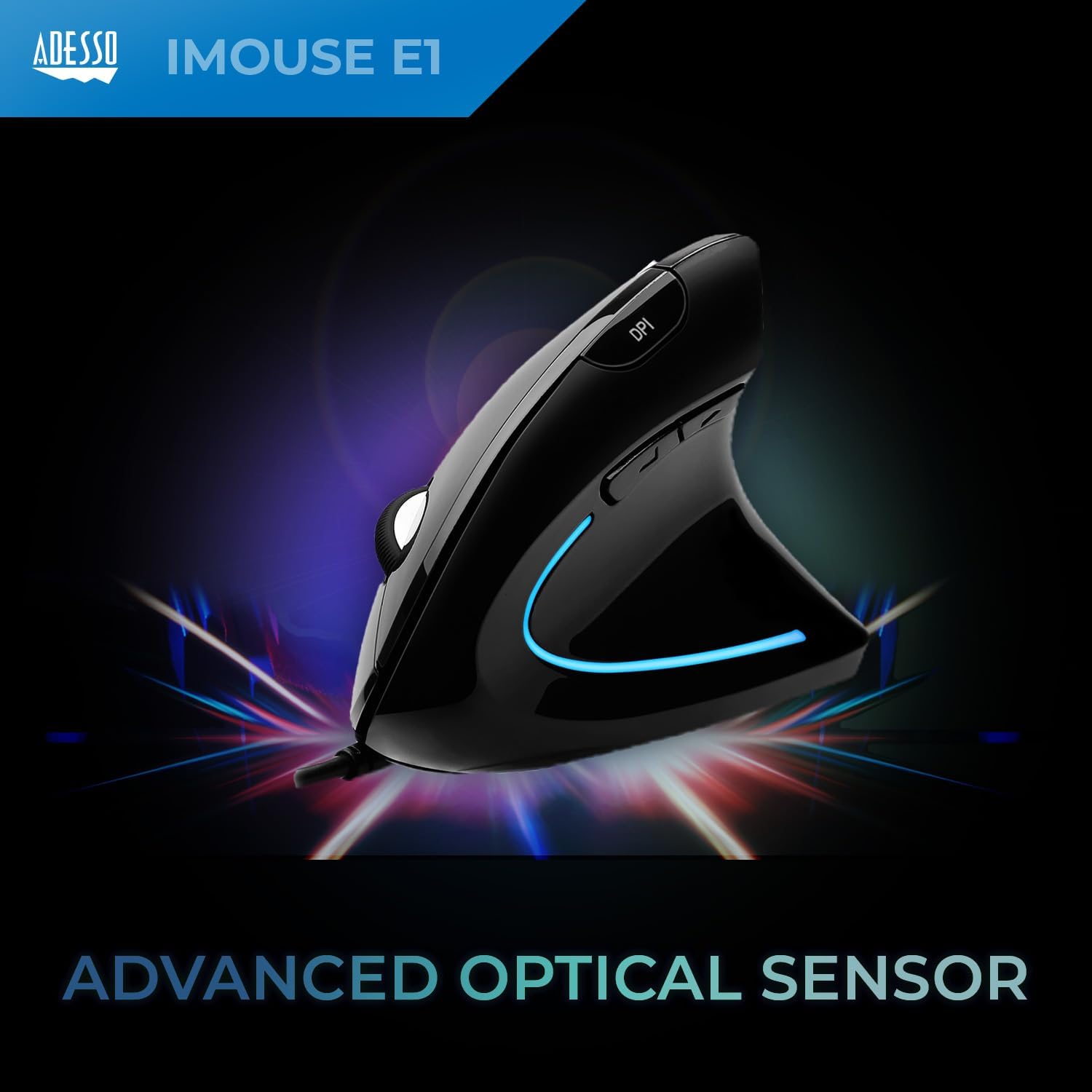 Adesso iMouse E1 Wired Vertical Ergonomic Illuminated Optical 6-Button USB Mouse - Glossy Black, Right-Handed