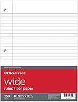 Office Depot Notebook Filler Paper, Wide-Ruled, 8in. x 10 1/2in., 3-Hole Punched, White, Pack Of 150, 09250OD