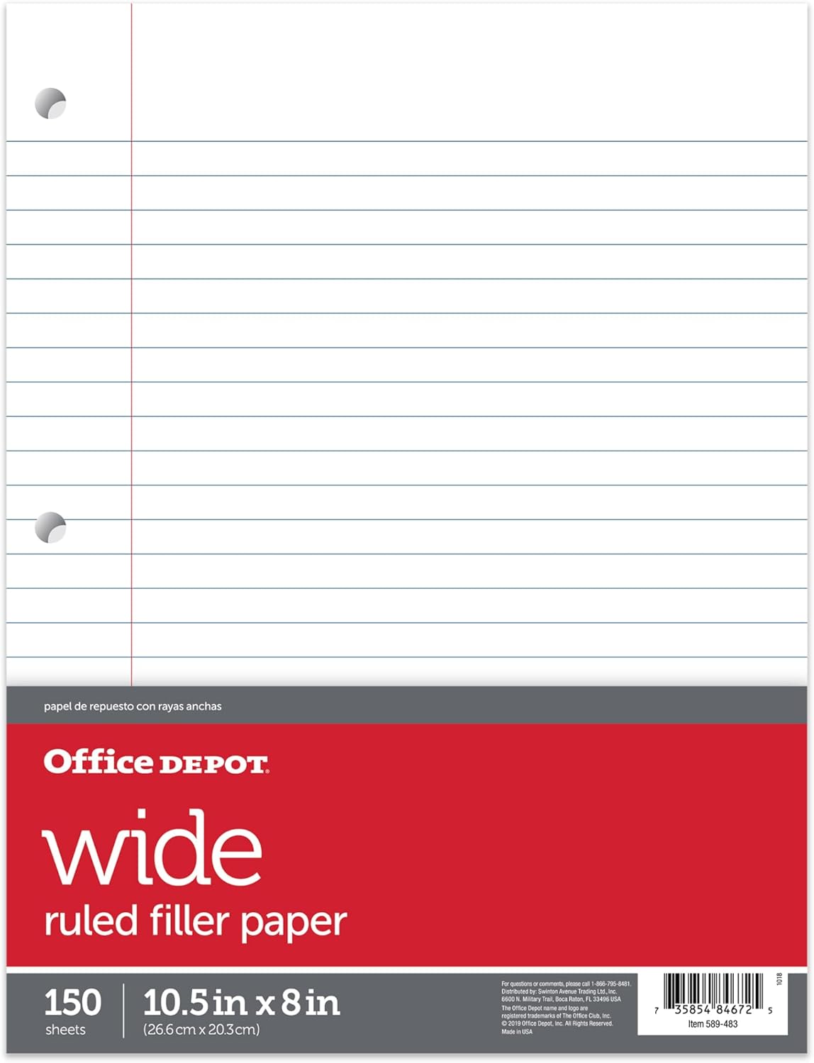 Office Depot Notebook Filler Paper, Wide-Ruled, 8in. x 10 1/2in., 3-Hole Punched, White, Pack Of 150, 09250OD