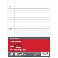 Office Depot Notebook Filler Paper, Wide-Ruled, 8in. x 10 1/2in., 3-Hole Punched, White, Pack Of 150, 09250OD