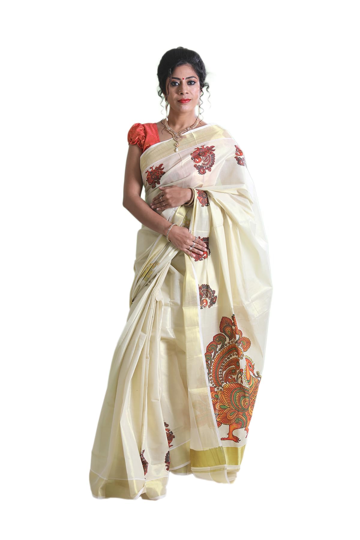 Kuthampully Kerala Kasavu Saree Tissue Mural Painted | Traditional South Indian Saree | Onam Saree - Multi Color KTM-821