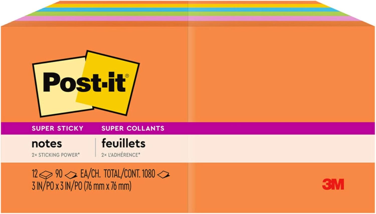 Post-it Super Sticky Notes, 3x3 in, 12 Pads, 2X The Sticking Power, Energy Boost Collection, Bright Colors (Orange, Pink
