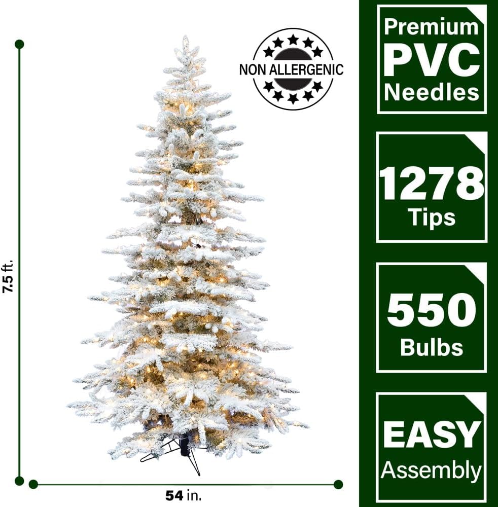FRASER HILL FARM 7.5-Ft. Mountain Pine Flocked Artificial Christmas Tree