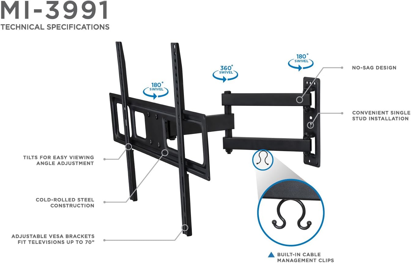 Mount-It! Full Motion TV Wall Mount | Single Stud Installation | Swivel