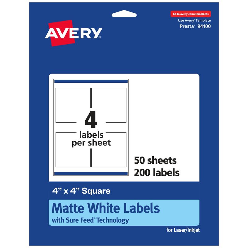 Avery Matte White Square Labels, Sure Feed Technology, 4" x 4"