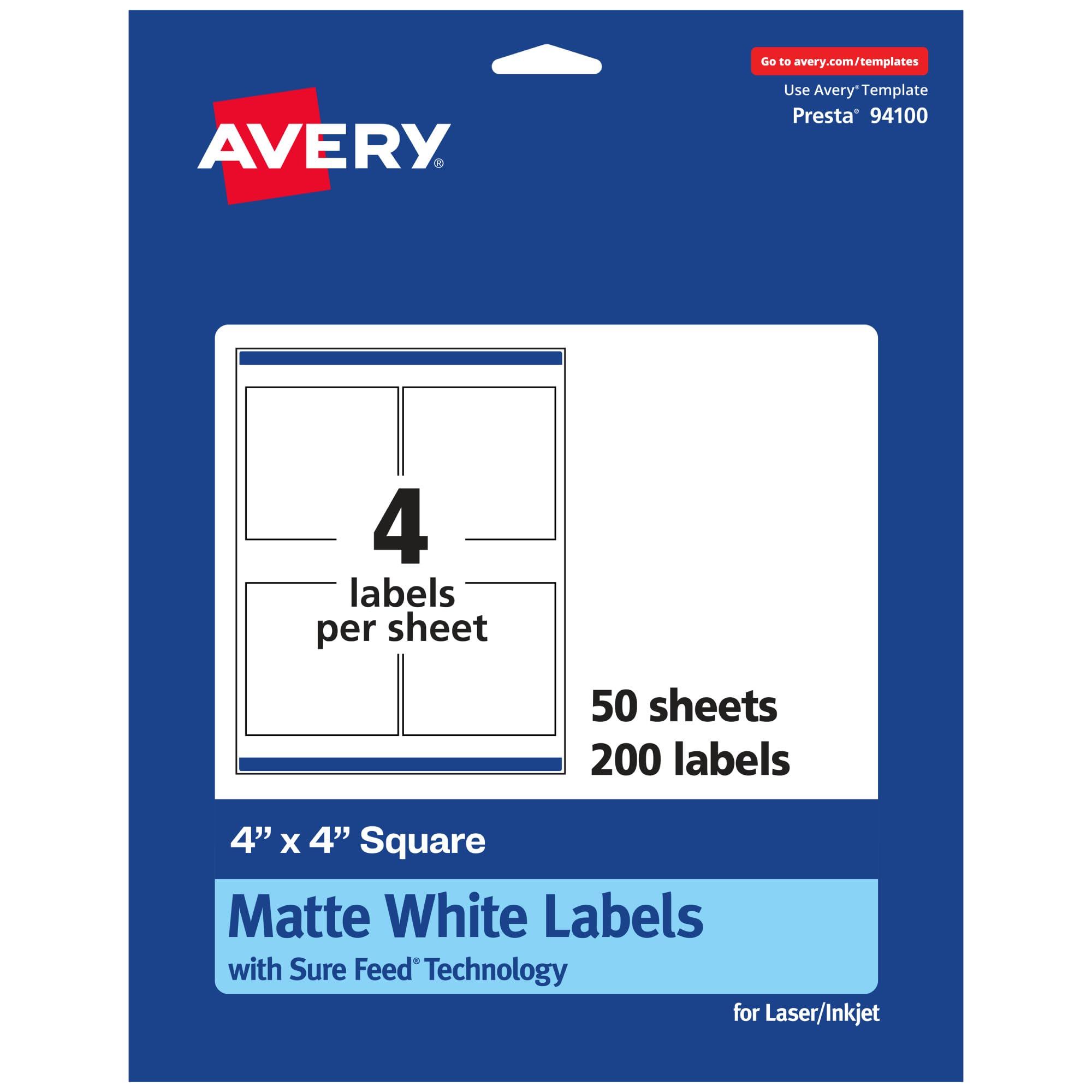 Avery Matte White Square Labels, Sure Feed Technology, 4" x 4"