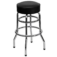 Flash Furniture Bruno Double Ring Chrome Backless Barstool with Black Upholstered Seat and Integrated Footrest Black Set of 1