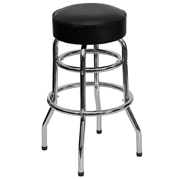 Flash Furniture Bruno Double Ring Chrome Backless Barstool with Black Upholstered Seat and Integrated Footrest Black Set of 1