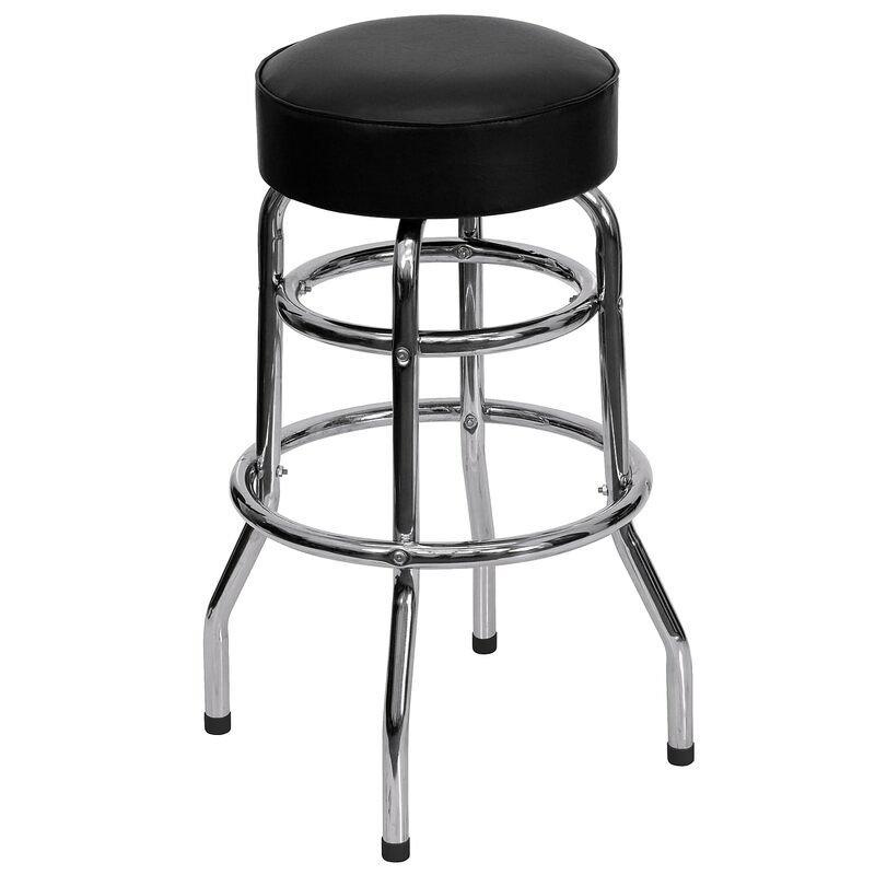 Flash Furniture Bruno Double Ring Chrome Backless Barstool with Black Upholstered Seat and Integrated Footrest Black Set of 1