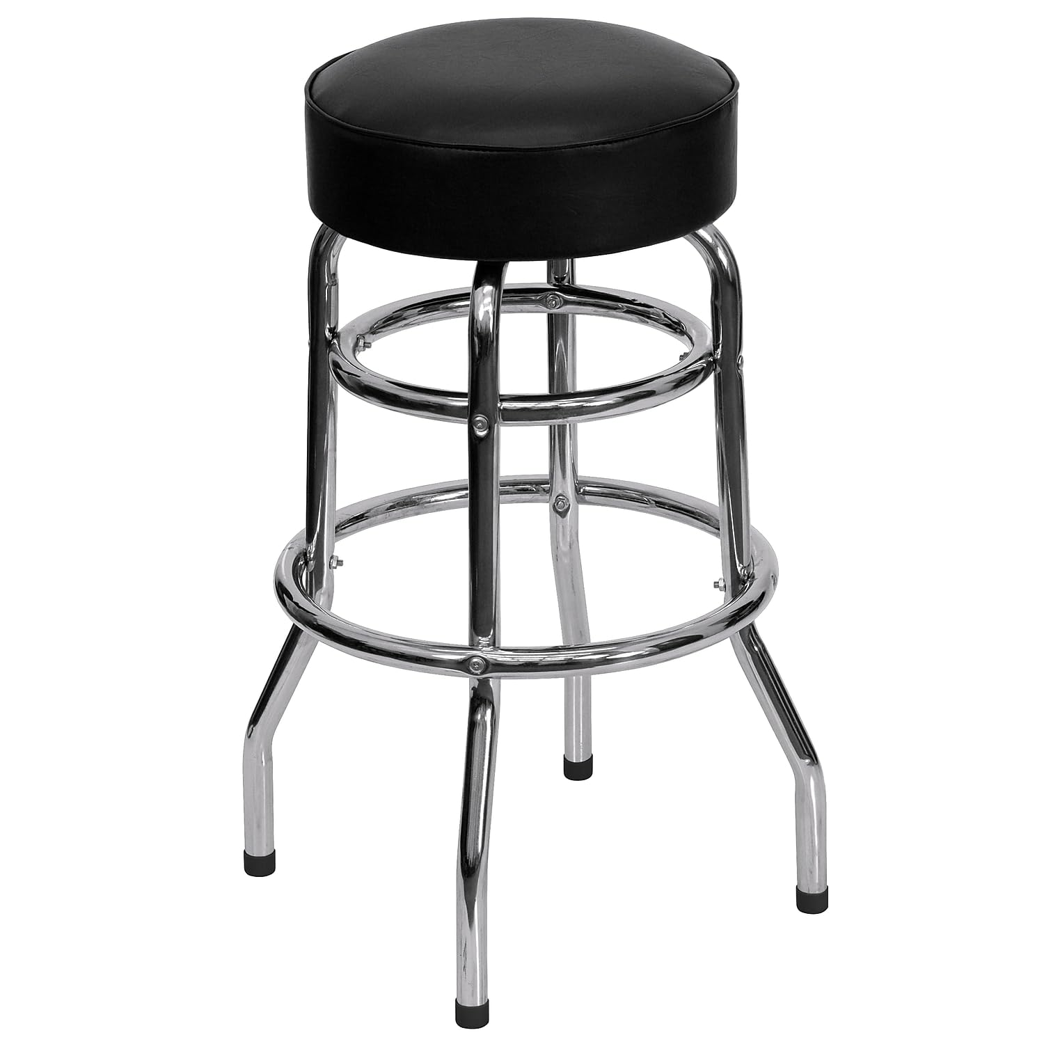 Flash Furniture Bruno Double Ring Chrome Backless Barstool with Black Upholstered Seat and Integrated Footrest Black Set of 1