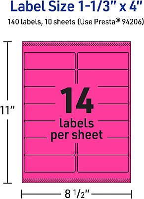 Avery Printable Rectangle Labels, Sure Feed Technology, 1-1/3" x 4", Neon Magenta Labels, Laser/Inkjet Printable, 140 Total