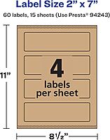 Avery Kraft Brown Rectangle Labels, Sure Feed Technology, 2" x 7", 60 Kraft Brown Labels, Print-to-The-Edge, Laser/Inkjet Printable 60 labels