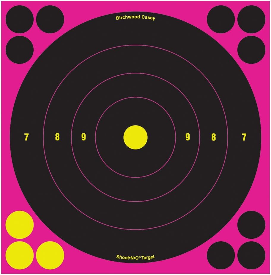 Birchwood Casey Shoot-N-C 8 inch Pink Bull's-Eye Reactive Targets - Highly Visible Instant Feedback Self-Adhesive