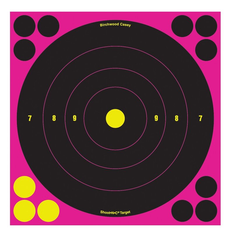 Birchwood Casey Shoot-N-C 8 inch Pink Bull's-Eye Reactive Targets - Highly Visible Instant Feedback Self-Adhesive - 6 Targets, 72 Repair Pasters