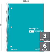 Office Depot® Wirebound Notebooks, 8-1/2" x 11", 3 Subjects, College Ruled, 120 Sheets, Assorted Colors, Pack Of 6 Notebooks