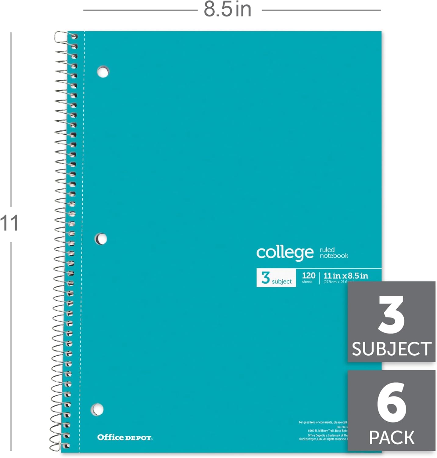 Office Depot® Wirebound Notebooks, 8-1/2" x 11", 3 Subjects, College Ruled, 120 Sheets, Assorted Colors, Pack Of 6 Notebooks