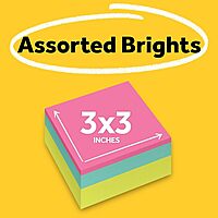 Post-it Notes Cube, 3 in. x 3 in., Bright Colors, Power Pink, Aqua Splash, Acid Lime, 400 Sheets/Cube, 1 Cube/Pack