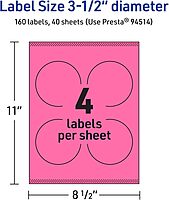 Avery Printable Round Labels, Sure Feed Technology, 3-1/2" Diameter, Bright Pink, Print-to-the-Edge, Laser/Inkjet Printable