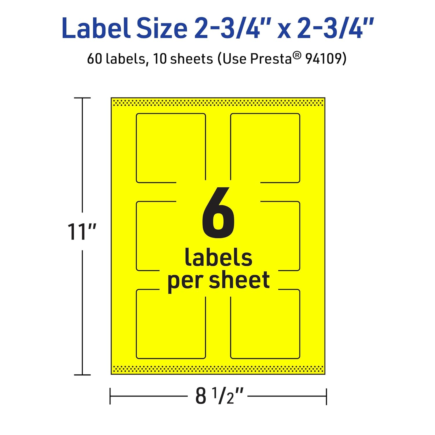 Avery Printable Square Labels, Sure Feed Technology, 2-3/4" x 2-3/4", Neon Yellow, Print-to-The-Edge, Laser/Inkjet
