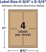 Avery Kraft Brown Rectangle Labels, Sure Feed Technology, 4.75 x 3.75, Print-to-The-Edge, Laser/Inkjet Printable