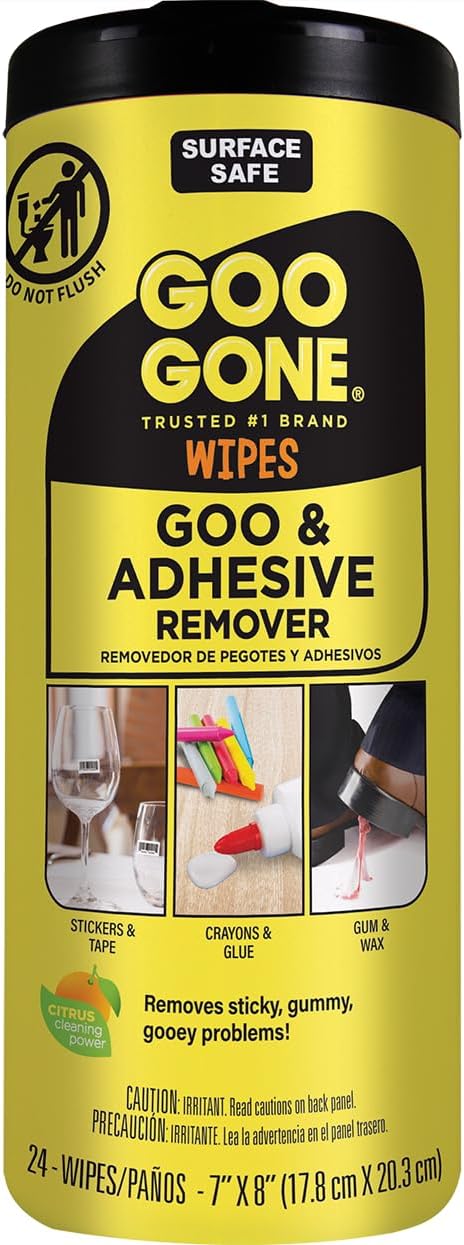 Goo Gone Clean Up Wipes Adhesive Remover - 24 Count - Removes Adhesive Residue Labels Stickers Crayon Tree Sap Gum Masking