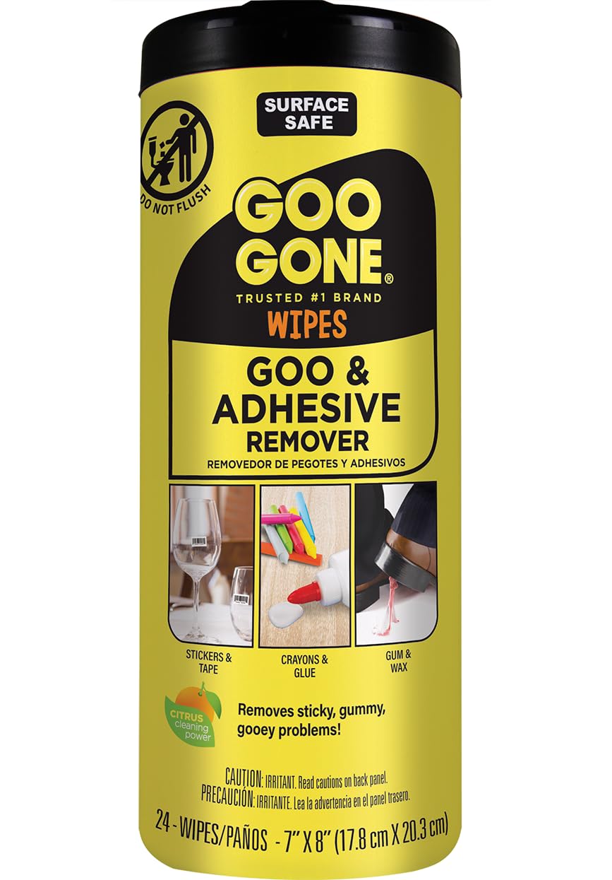 Goo Gone Clean Up Wipes Adhesive Remover - 24 Count - Removes Adhesive Residue Labels Stickers Crayon Tree Sap Gum Masking