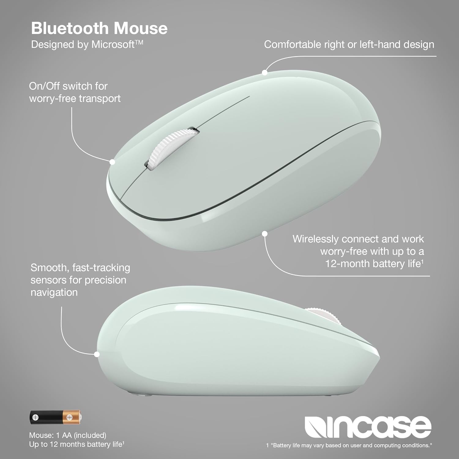 INCASE Bluetooth Mouse - Designed by Microsoft - Compact Ambidextrous Wireless Mouse with 4-Way Scroll