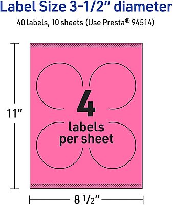 Avery Printable Round Labels, Sure Feed Technology, 3-1/2" Diameter, Bright Pink, Print-to-the-Edge, Laser/Inkjet Printable