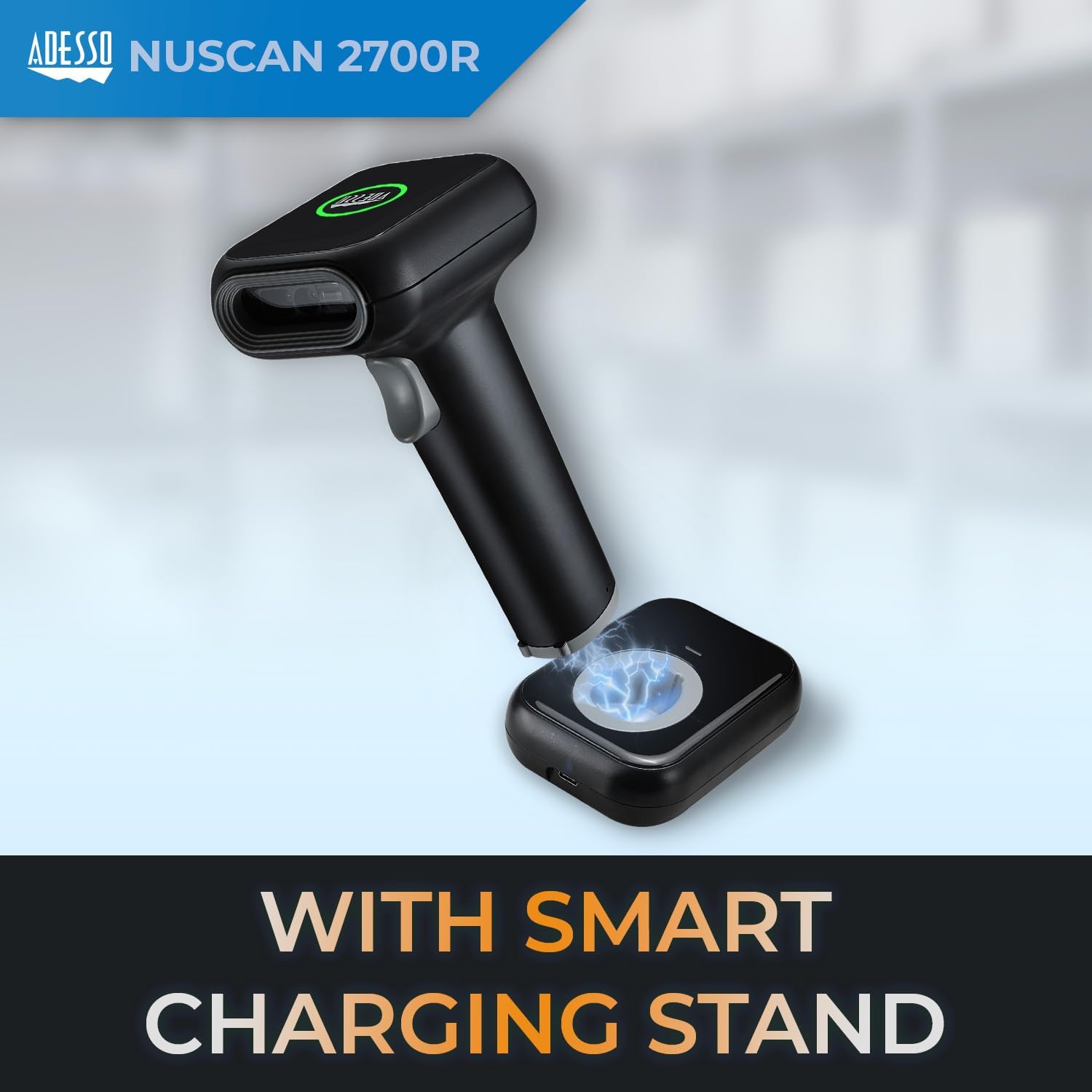 Nuscan 2700R Wireless Barcode Scanner with Charging Cradle - High-Speed 2D Scanning Engine, 120 FPS
